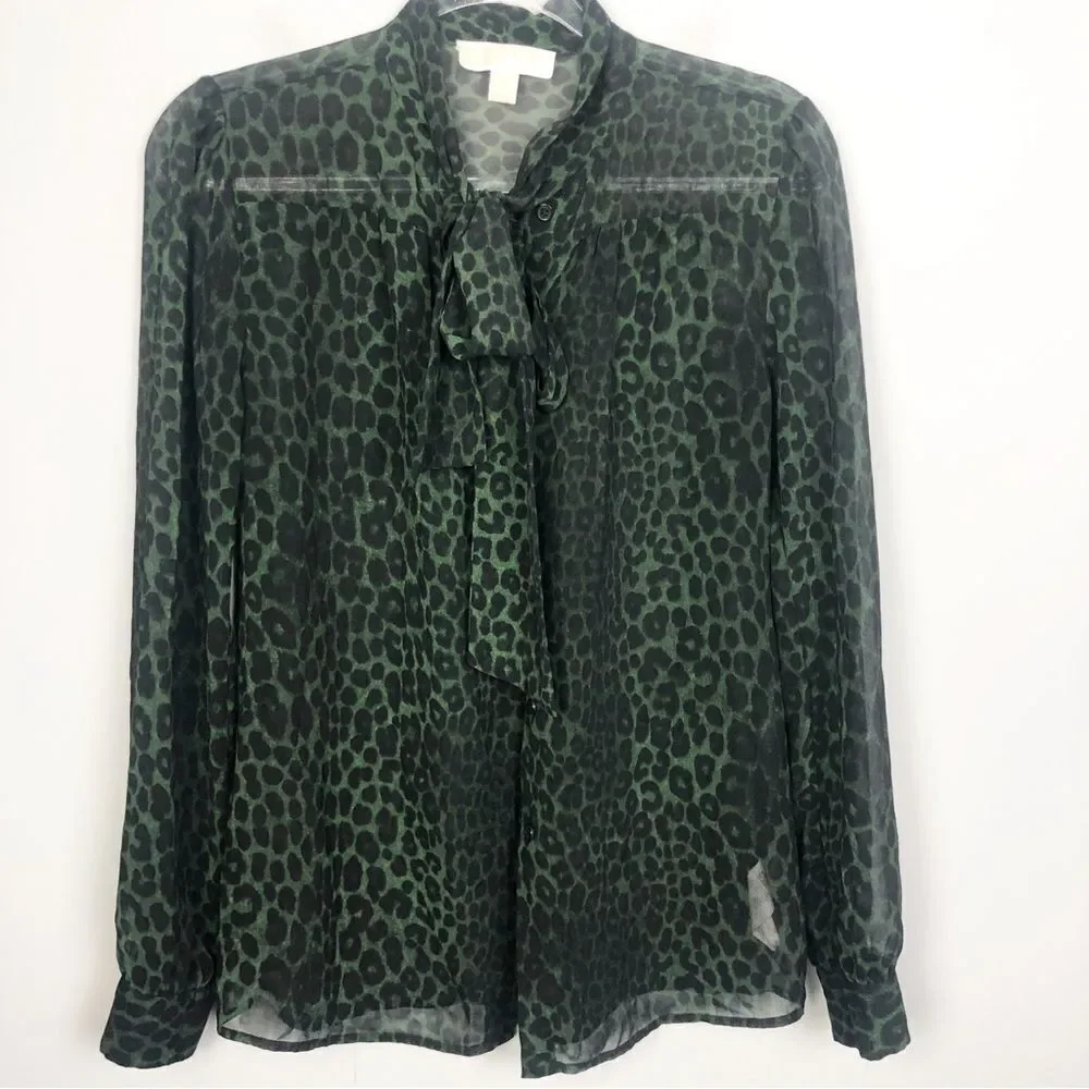 MICHAEL KORS | Green & Black Animal Print Leopard Button Up Shirt Women’s Size S
